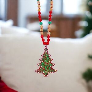 Treasure Jewels Christmas Tree Glitter Pendant Long Beaded Necklace Reversible